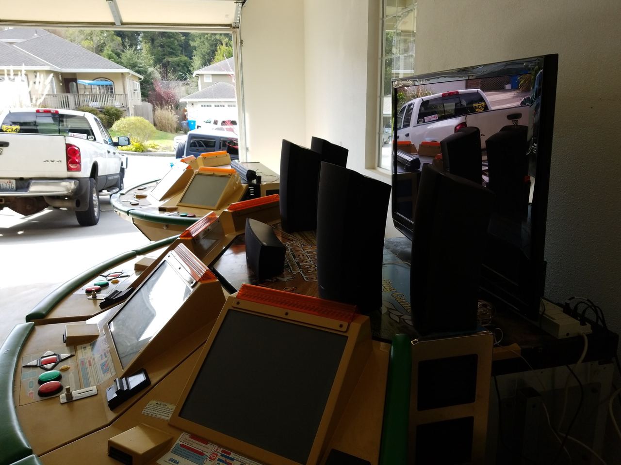 A row of Derby Owners Club satellite player seats in a garage, March 2019.
