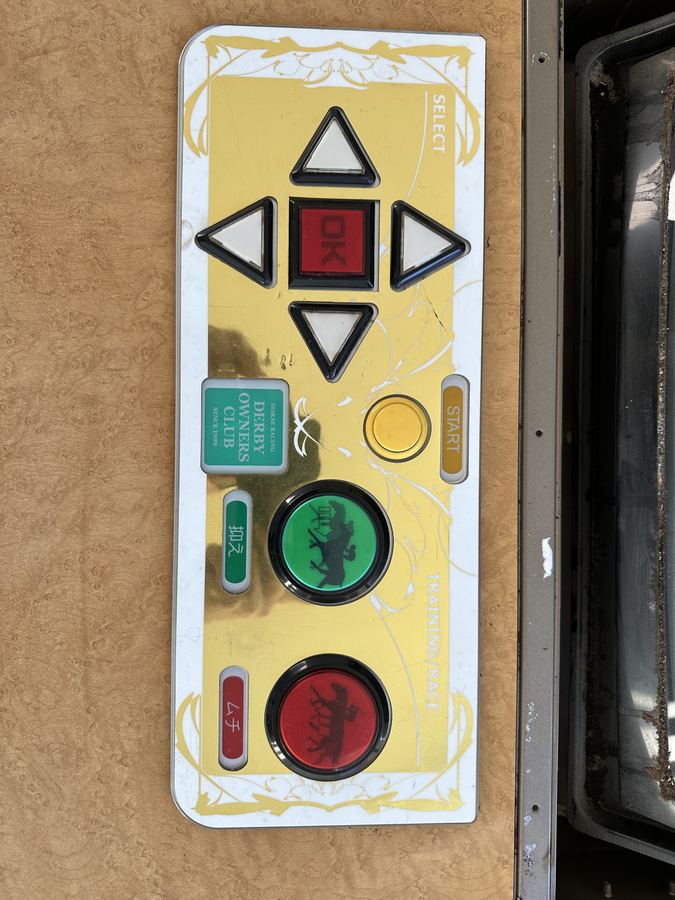 A yellow Derby Owners Club control panel with direction plate and buttons.