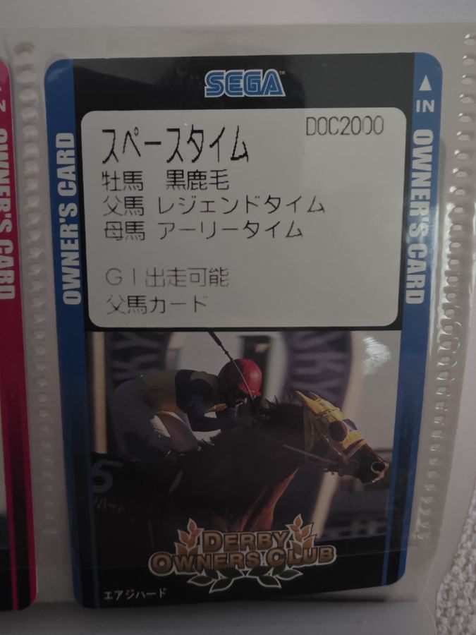 Two Japanese Derby Owners Club 2000 owner's cards in sleeves, showing horse artwork and Japanese text.