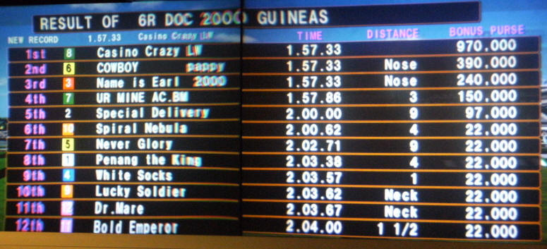 Derby Owners Club result screen: 6R DOC 2000 Guineas, new record Casino Crazy 1.57.33.